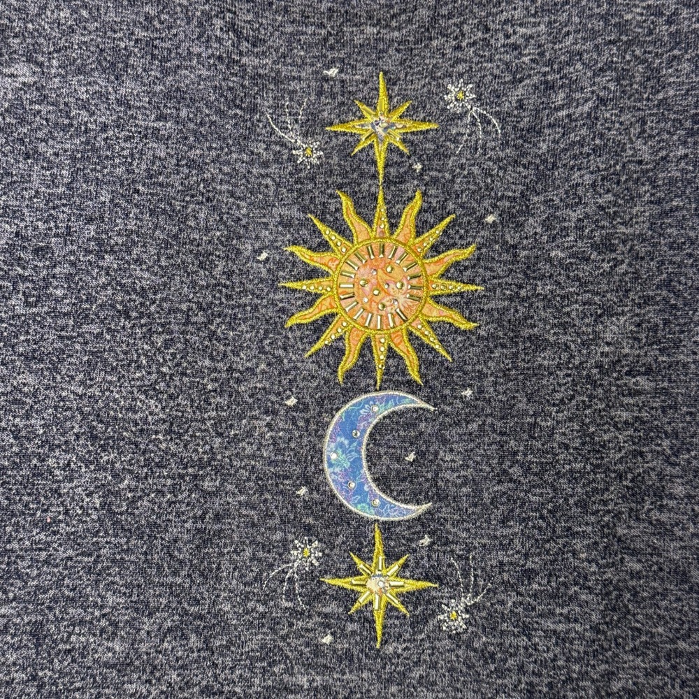 TrueSelf Top Womens L Blue Celestial Sun Moon Sequin Boho Whimsigoth - Picture 3 of 10